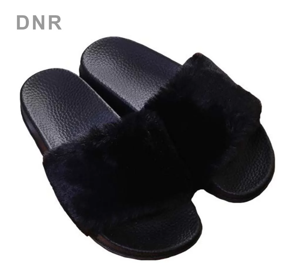 DNR Women’s Furry Slippers Open Toe Indoor Outdoor House Faux Fur Slides Flat Sandals