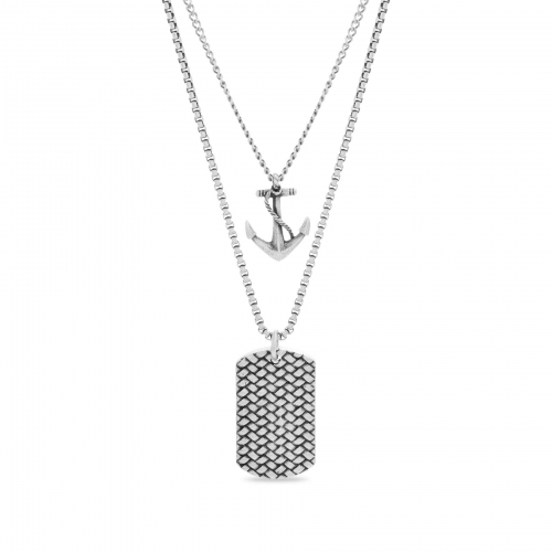 RVU 28 Inch Oxidized Stainless Steel Box and Curb Chain Anchor and Dogtag Duo Pendant Necklace for Men