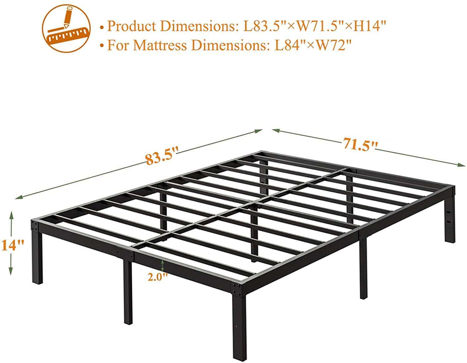 z-crange 14 Inch Height Metal Bed Frame Reinforced Metal Platform Bed ...