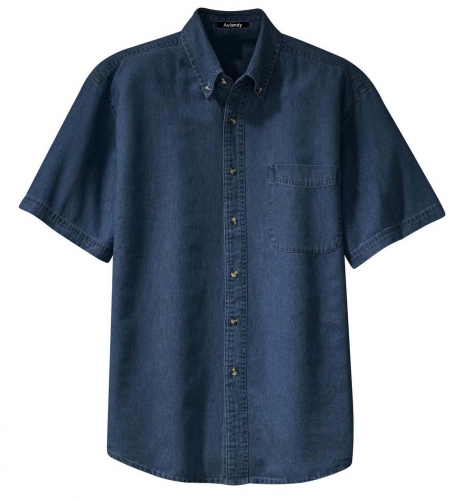 Aulandy Men's Short Sleeve Denim Shirt Ink Blue Standard-Fit Shirt Tops Summer