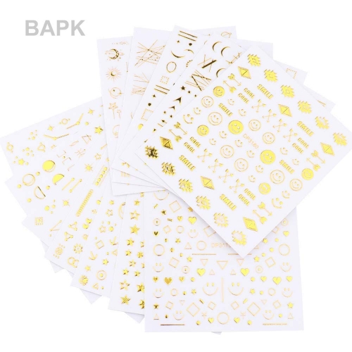 BAPK 12 Sheets Fingernail Decals 3D Gold Metal Line Design Nail Art Decals Sun Star Moon Jewelry Flowers Self-Adhesive Nail Stickers for Women
