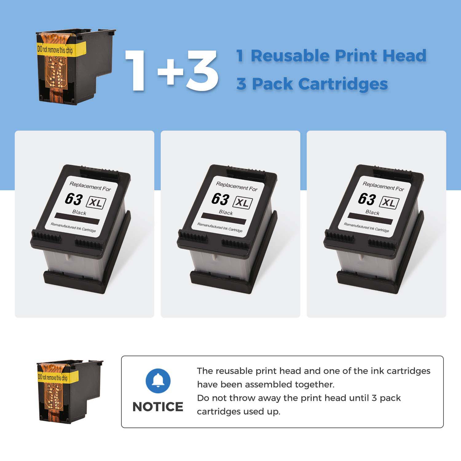 Akmoz 3 Pack Remanufactured Ink Cartridges Replacement For Hp 63 63xl 63 Xl For Hp Officejet