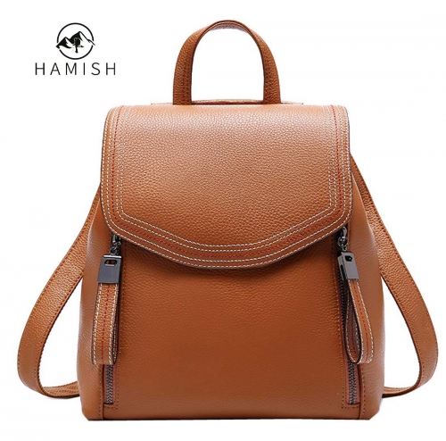 HAMISH Women’s Genuine Leather Backpack Casual Style Flap Backpacks Daypack for Ladies(Brown)