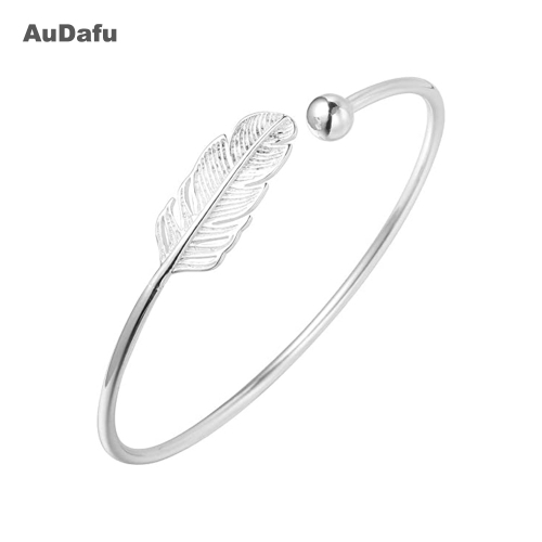 AuDafu 925 Silver Leaf Feather Bangle Bracelet  Charms Bracelets Jewelry Women Adjustable