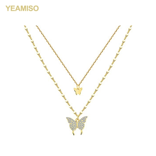 YEAMISO  Gold Plated Butterfly Layered Pendant Necklace for Women 925 Sterling Silver Choker Necklace