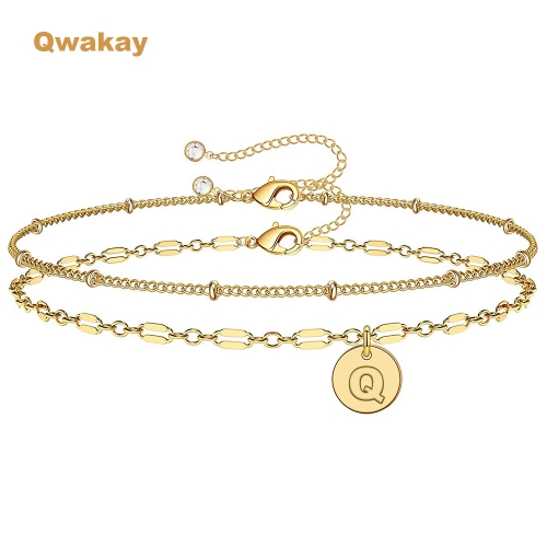Qwakay Initial Bracelets for Women, 14K Gold Plated Initial Bracelets Dainty Gold Bracelets for Women Personalized Disc Charm Bracelets