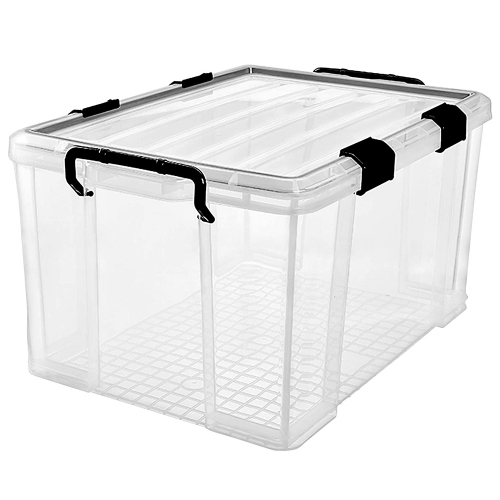 Jamcun 3-Pack Waterproof Plastic Storage Box, 90QT/85L Stackable Latch Box Durable Multi-Purpose Locking Bin with Lid and Black Clips