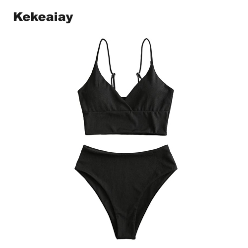 Kekeaiay Women's Solid Spaghetti Strap Bathing Suits Bralette Bikini Set Two Piece Swimsuit（Black）