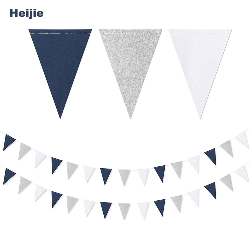 Heijie 2 Pack Glitter Paper Banners Navy Blue White Silver Paper Triangle Flags Pennant Banner for Birthday Wedding Baby Shower Party Decor