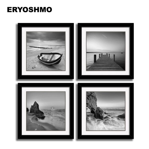 ERYOSHMO Beach Framed Paintings Wall Decor 4 Panels Black and White Theme Landscape Black Frames Paintings
