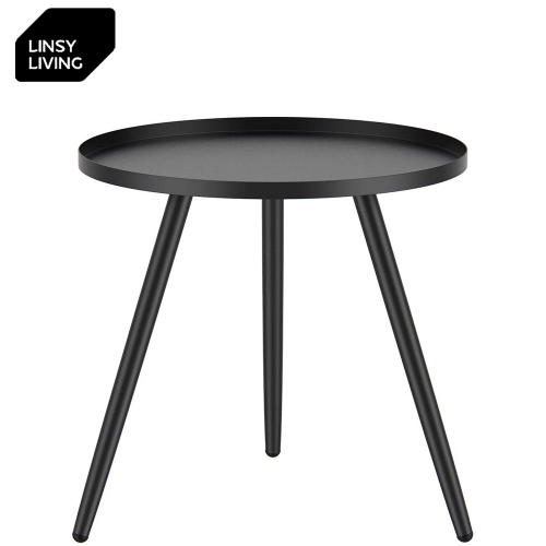 LINSY LIVING Black Round End Table with Detachable Tray Metal Side Table Coffe Table for Living Room Bedroom Small Spaces