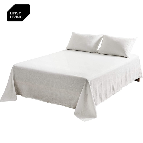 LINSY LIVING 100% Linen Sheet and Pillowcases Set Full Size Off White Bed Line Bedding