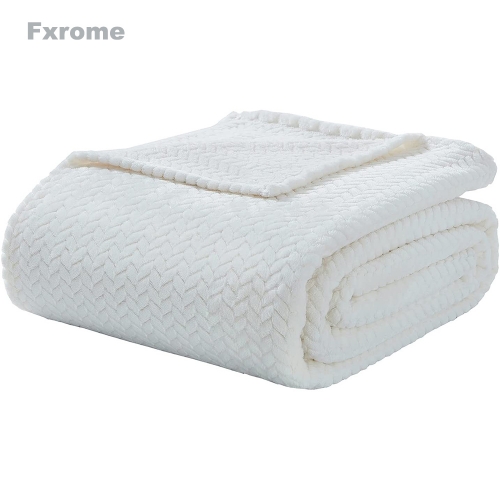 Fxrome  Flannel Fleece Blankets Jacquard Weave Washable Microfiber Fuzzy Blanket for Adults Super Soft  ,White