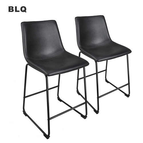 BLQ Set of 2 Bar Stools Leather Cushion and  Metal Legs, Black Bar Chairs for Bar Kitchen Island Dining Room Living Room Cafe Pub