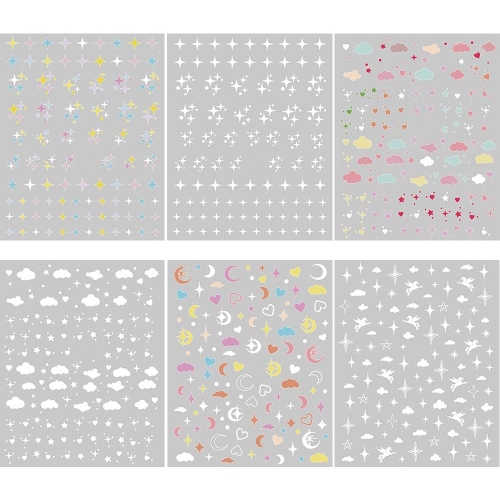 WIPUK 6 Sheets Nail Art Stickers Colorful Clouds Stars Moon Heart Acrylic Nails DIY Accessories for Women Manicure Nail Decorations