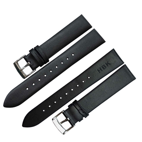 HBK Men's Genuine Leather Watch Band 18mm Black Wristwatches Strips Watch Strips Belt with Solid Buckle