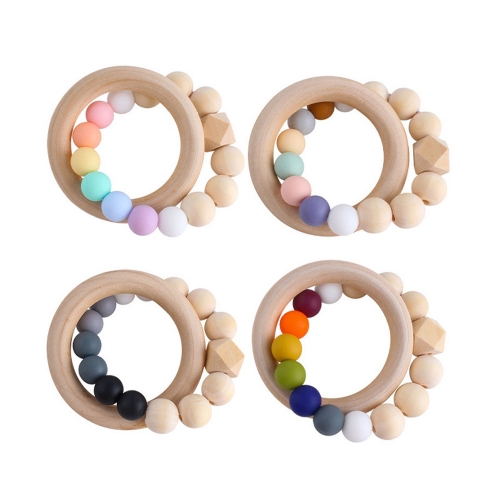 Borehor 4 Pack Wooden Baby Teething Ring Baby Teether Non-toxic Silicone Bead Teething Rattle Teething Toys for Baby Girls Boys Infant