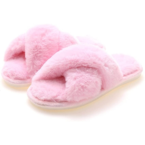 SKKS Women's Cross Band Slippers Soft & Comfortable Fuzzy Fluffy Fur Slippers with Non-Slip Sole Winter Warm Slippers Sandals for Indoor Outdoor