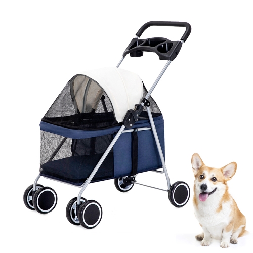 KAKOJO Folding Pet Stroller with Safety Buckle & Large Capacity Storage Bag 4 Wheel Lightweight Pet Stroller for Small Medium Dogs Cats(Navy Blue)