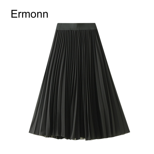 Ermonn Women's High Waist Skirts Elastic Pleated A-Line Skirts Black Mid Skirts for Daily Life Parties Weddings Travel Vacation