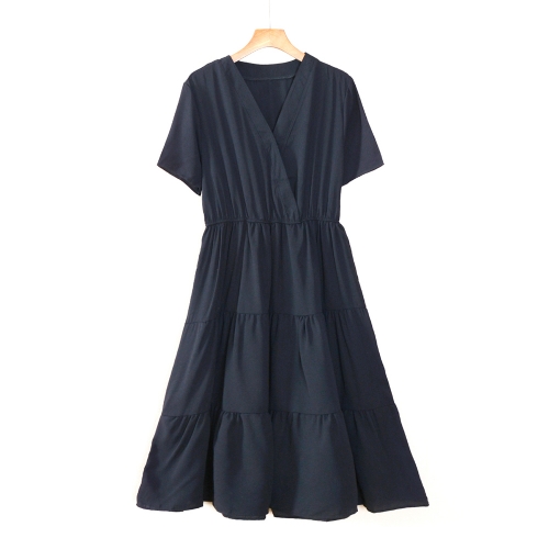 GRULLIN Women's Short Sleeve Dress High Waist Ruffle A-Line Flowy Casual Solid Midi Dress