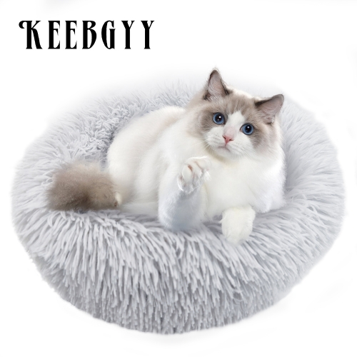 KEEBGYY Ultra Soft Fluffy Pet Beds Comfortable Donut Pet Cushion Beds for Indoor Cats Puppy, Machine Washable, Light Gray