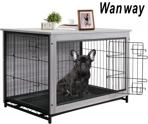 Wanway Modern Dog Kennel Dog Crate Furniture with Double Doors Pull-Out Removable Tray, Indoor Pet House Furniture, 29.1'' (Grey)