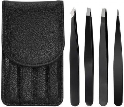 MOONVVIN Hair Removing Tweezers 4 Pack Eyebrows Tweezers Professional Stainless Steel Tweezers for Eyebrows Facial Hair, Black