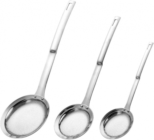 NOSAME 3 Pack Strainers Stainless Steel Metal Flat Cooking Skimmer Ladle Colander With Handle Food Strainer Kitchen Tools
