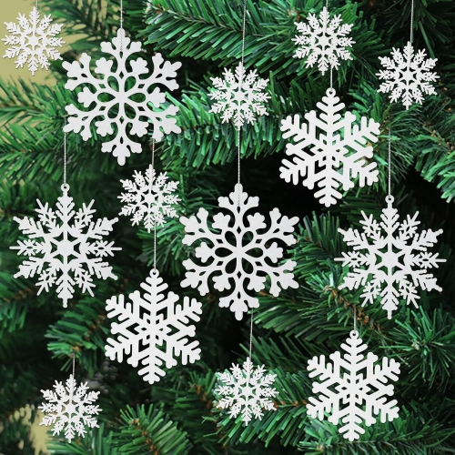 L'cattie 36PCS Christmas Tree Snowflake Ornaments White Glitter Plastic Snow Flakes Ornaments for Winter Wonderland Christmas Tree Decorations