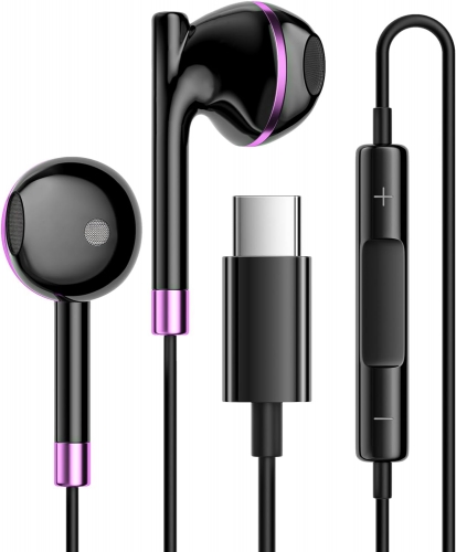 WU-MINGLU USB C Wired Headphones Type C Earphones USB C Earbuds for All Type C Devices, Black-Purple