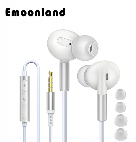 Emoonland 3.5mm Wired Earphones, Noise Cancelling in-Ear Earphones with S/M/L Ear Tips, 3.5 Jack Earbuds with Mic, White