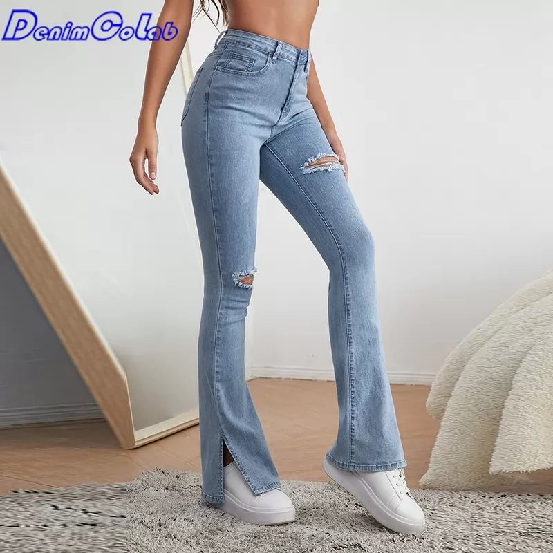 DenimColab High Waist Elastic Micro Flared Pants Jeans Women Split Hole Skinny Pencil Pants Casual Stretch Office Lady Jeans