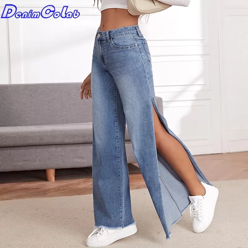 DenimColab Fashion High Split Wide Leg Pants Jeans Women Fringe Elastic Casual Loose Jeans Lady Stretch Streetwear Jeans Trouser