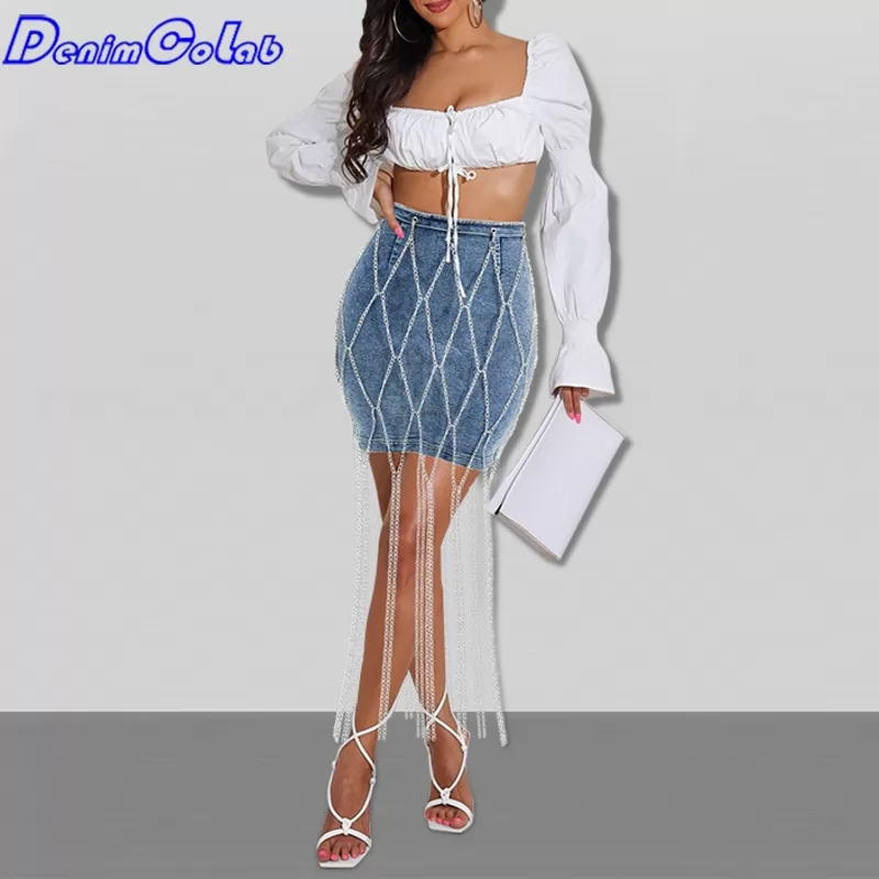 Denimcolab 2022 New Micro Elastic Denim Skirt Women Fashion Chain Decoration High Waist Mini Skirt Back Zip Office Lady Skirts