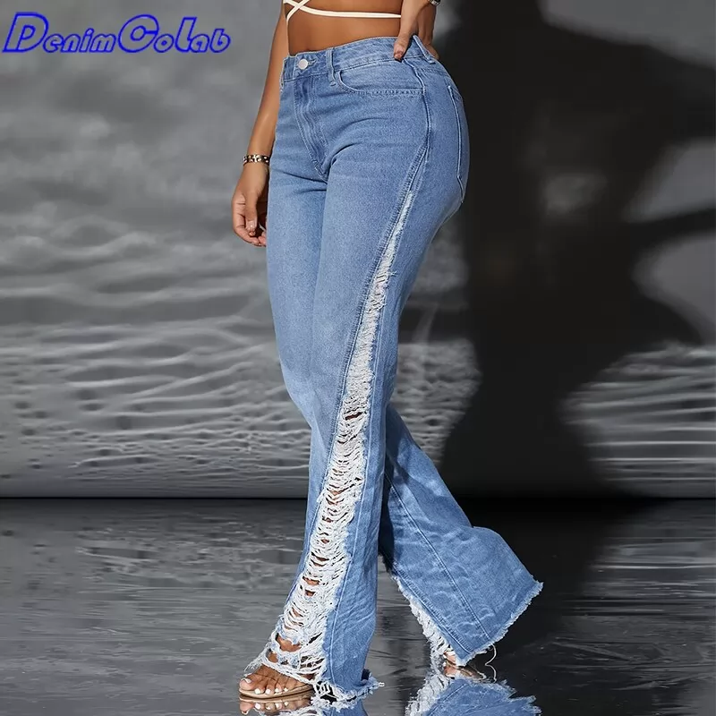 Denimcolab Fashion Leg Side Hole Flare Pants High Waist Women's Jeans Sexy Fringe Ripped Denim Pant Ladies Casual Jeans Trousers