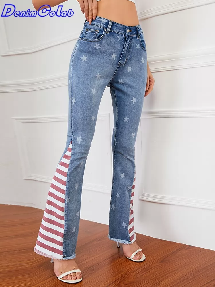 Denimcolab Striped Patchwork Flared Pants Elastic Women's Jeans Fashion Star Print Fringe Denim Pants Lady Casual Stretch Jeans
