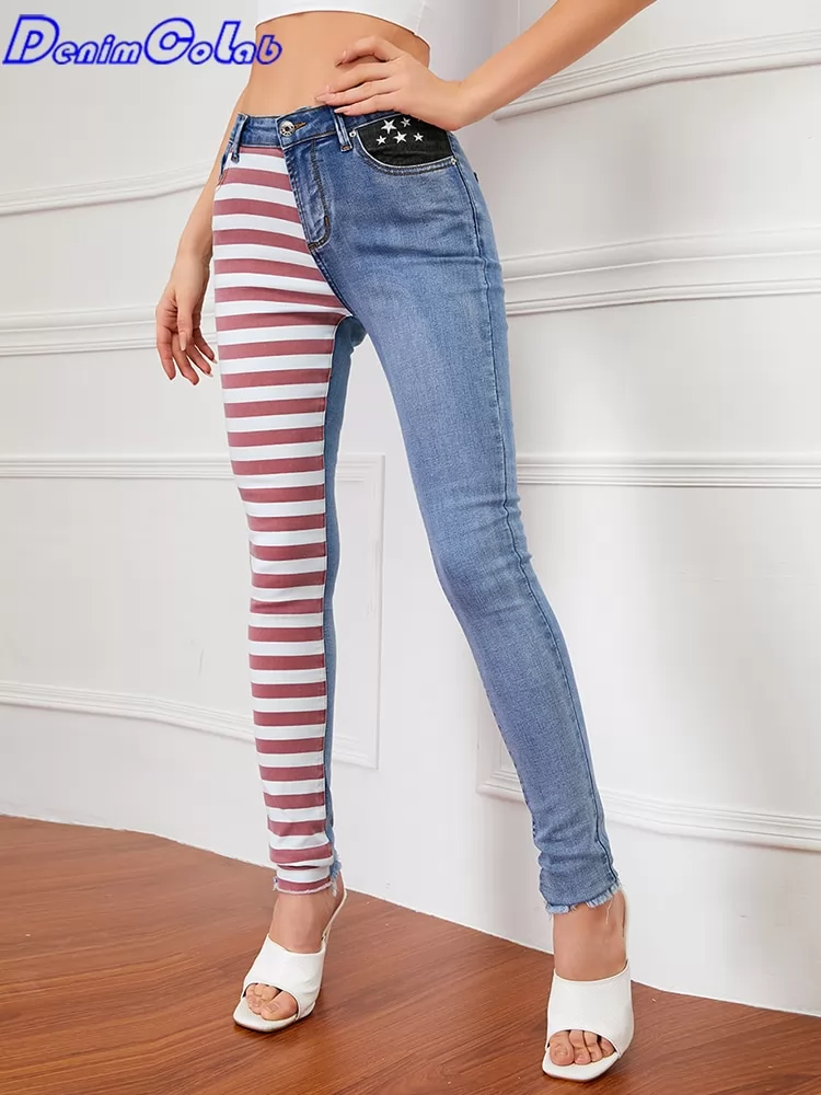 Denimcolab 2022 Fashion Patchwork Elastic Women's Jeans England Style Slim Fit Pencil Pants Female Skinny Casual Stretch Jeans