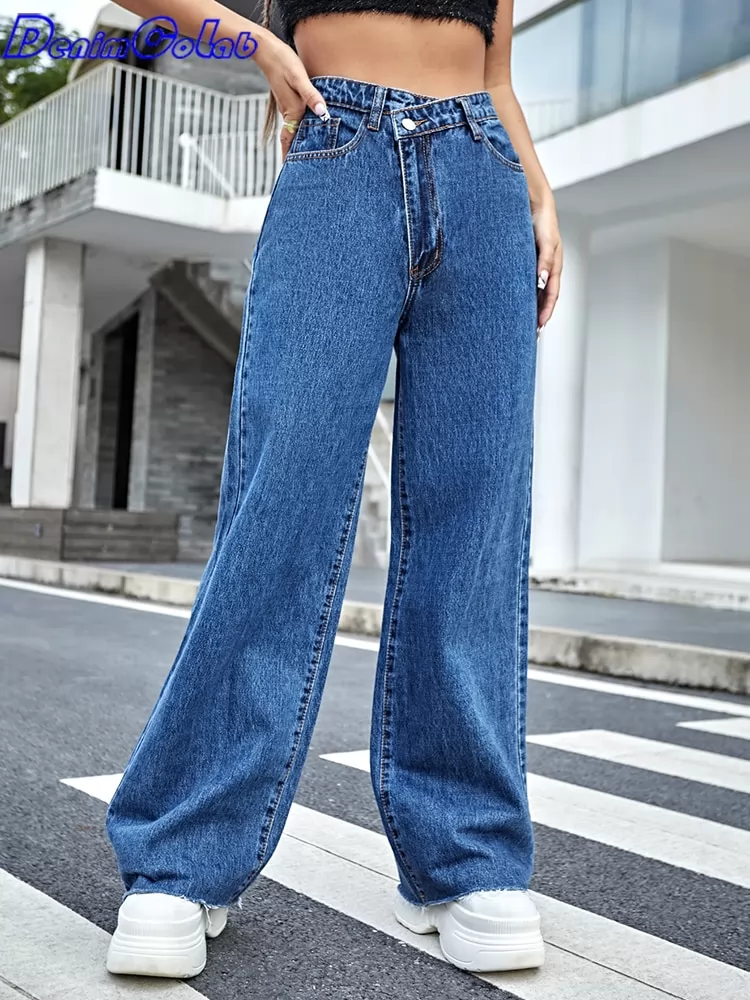 DenimColab 2022 New Asymmetrical Waist Wide Leg Pants 100% Cotton Women's Jeans Loose Boyfriend Jeans Female Casual Denim Pants