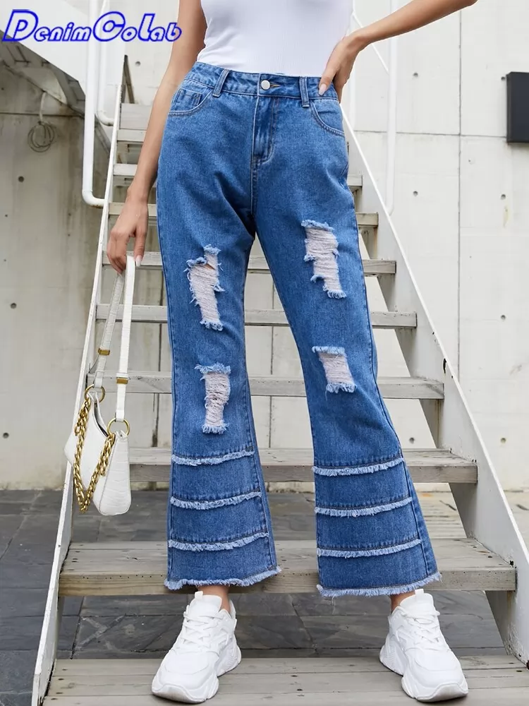 Denimcolab 2022 Fashion Hole Wash Flare Pants Women's Jeans High Waist Sexy Fringe Loose Denim Pant Female Casual Jeans Trousers