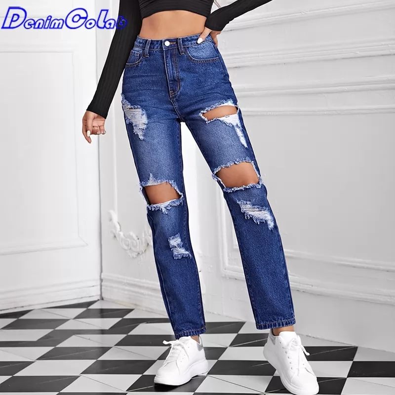 Denimcolab 2022 New High Waist Straight Pants Jeans Woman Fashion Hole Boyfriends Jeans Femme 100% Cotton Loose Denim Pants