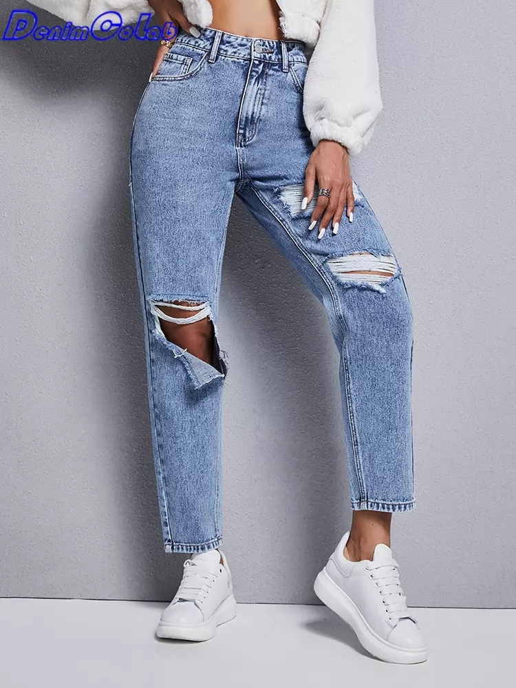 Denimcolab 2022 New High Waist 100% Cotton Straight Women's Jeans With Holes Boyfriends Jeans Femme Loose Casual Denim Pants