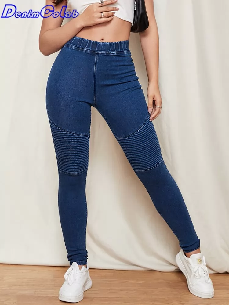 DenimColab 2022 Spring Fashion Pleated Elastic Waist Jeans Woman Comfortable Skinny Pencil Pants Femme Slim Casual Stretch Jeans