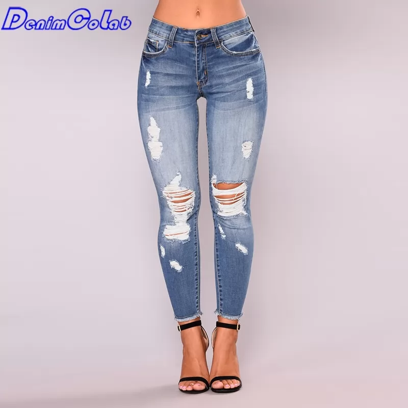Denimcolab Fashion Hole Washed High Elastic Women's Jeans Skinny Ankle-length Pencil Pants Ladies Casual Ripped Jeans Trousers