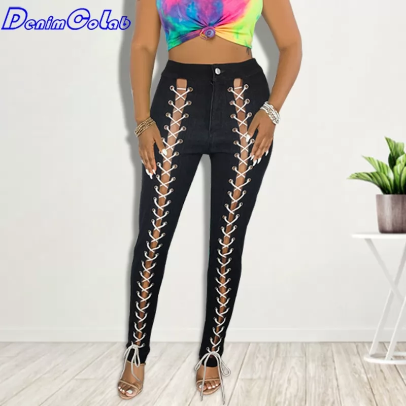 Denimcolab Elastic Black Bandage Jeans Pants Women Fashion Corns Wear Rope Jeans Ladies Sexy Hollow Out Stretch Pencil Pants