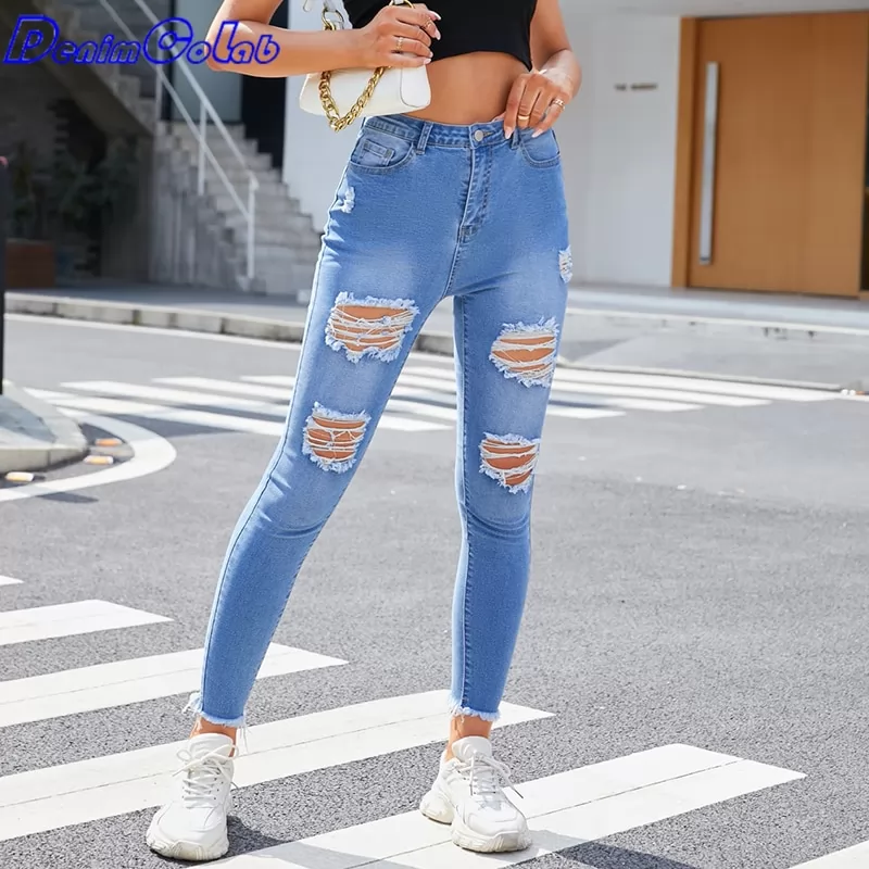 DenimColab 2022 New Hole Washed Denim Pencil Pants Skinny Elastic Women's Jeans Female Fashion Fringe Stretch Streetwear Jeans