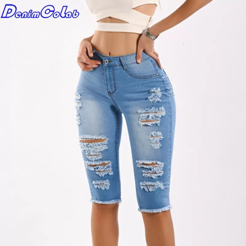 Denimcolab Elastic Holes Denim Shorts Women Summer Skinny With Tassel Ripped Hot Pants Ladies Casual short Jeans