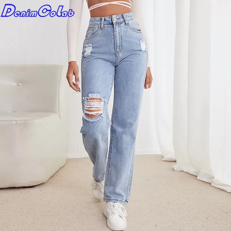 Denimcolab Fashion Hole Washed High Waist Jeans Women Boyfriends Straight Jeans Femme 100% Cotton Loose Denim Pants Mom Jeans