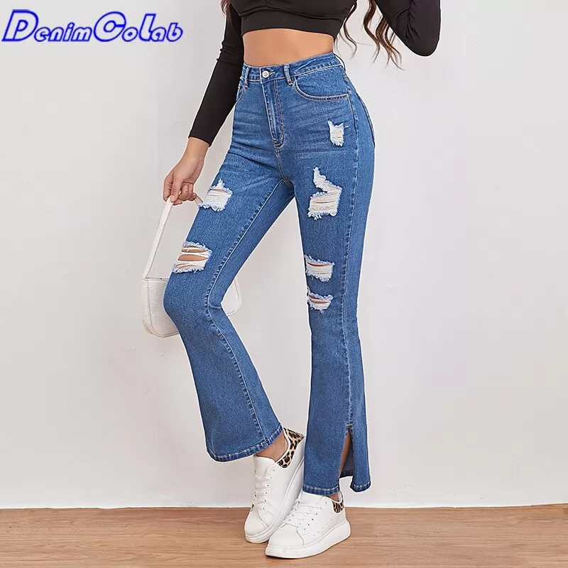 DenimColab 2022 Fashion Hole Washed Elastic Flared Pants Women's Jeans High Waist Split Denim Pants Lady Casual Stretch Jeans