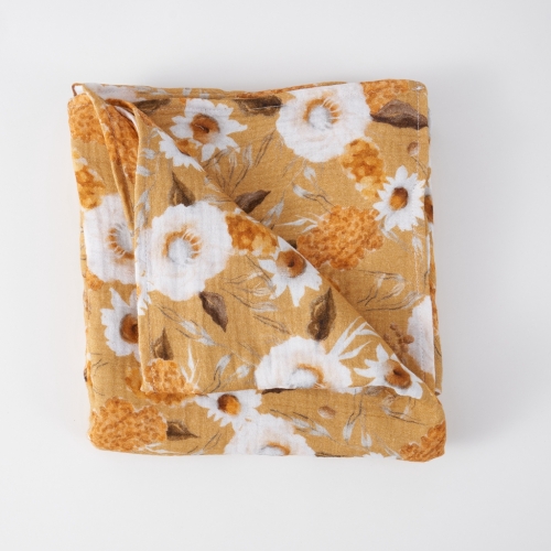 custom beautiful flower printed soft baby bamboo cotton blend muslin swaddle blanket for newborns